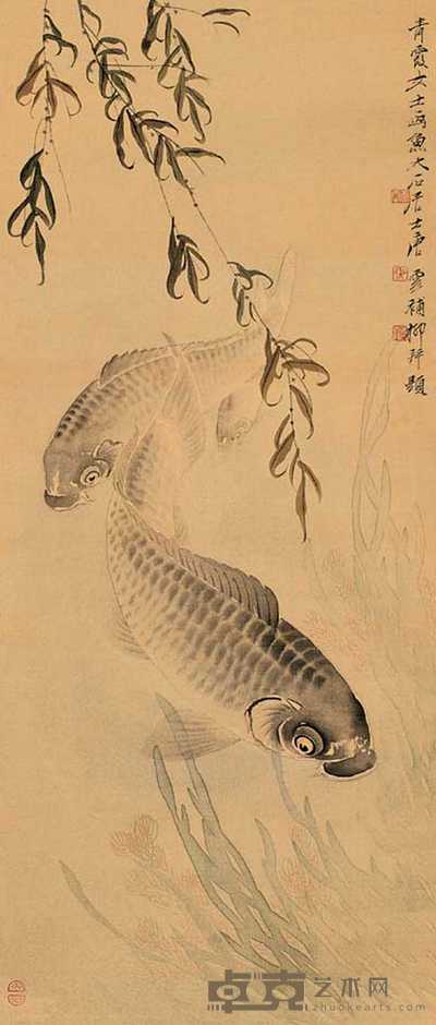 唐云 吴青霞 鱼乐图 立轴 91×39cm